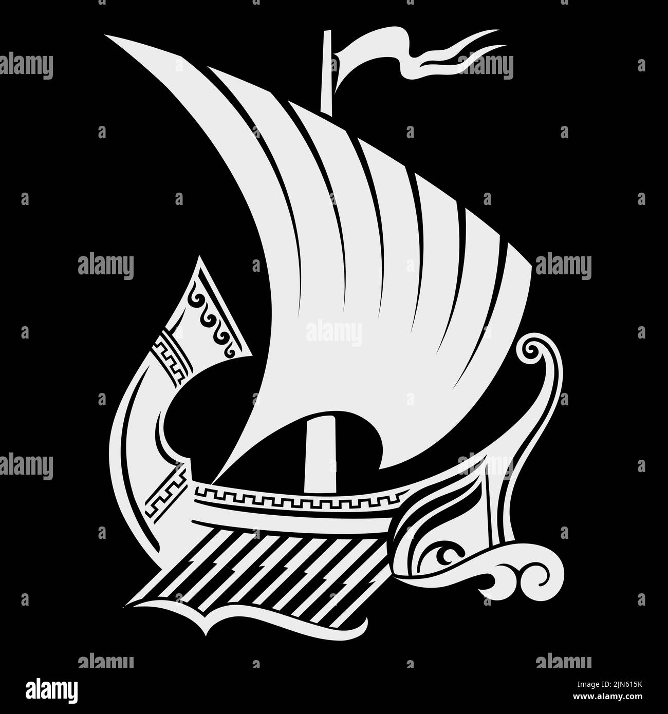 Ancienne conception hellénique, ancienne galley de bateau à voile grec - triera et méandre d'ornement grec Illustration de Vecteur