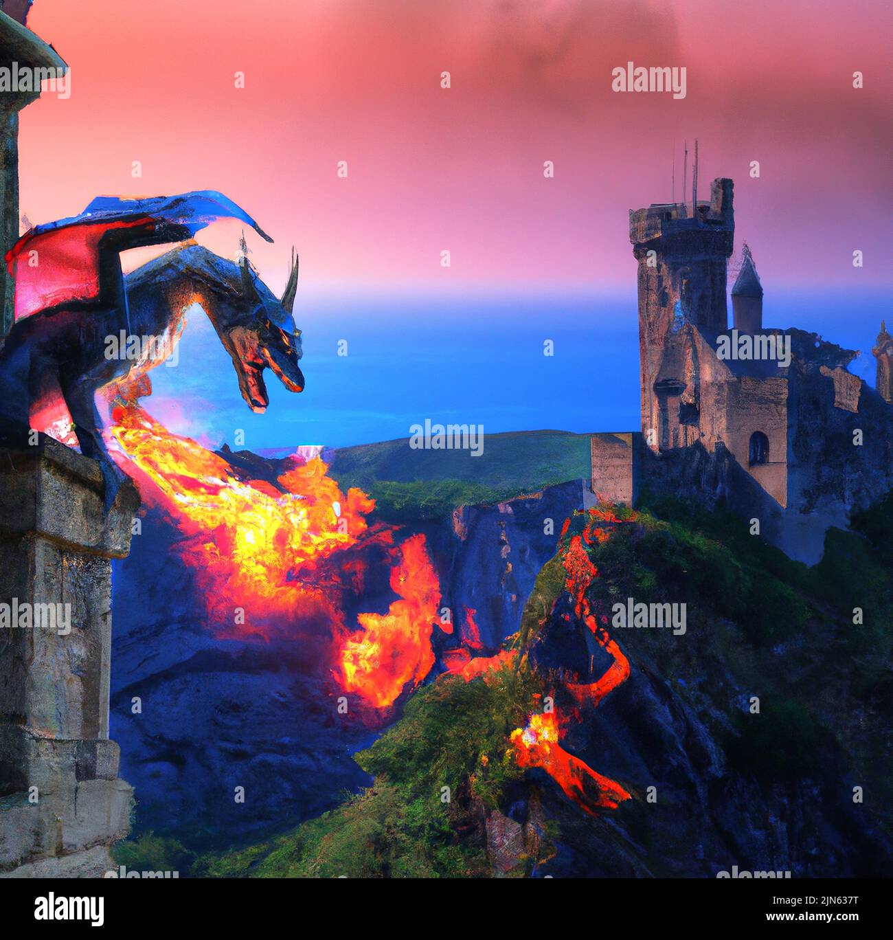 Un dragon fantastique maléfique respire la flamme vers un château médiéval magique. Peinture numérique Magic FANTASY World. Monstre Mythologic. Couleurs sombres. Banque D'Images