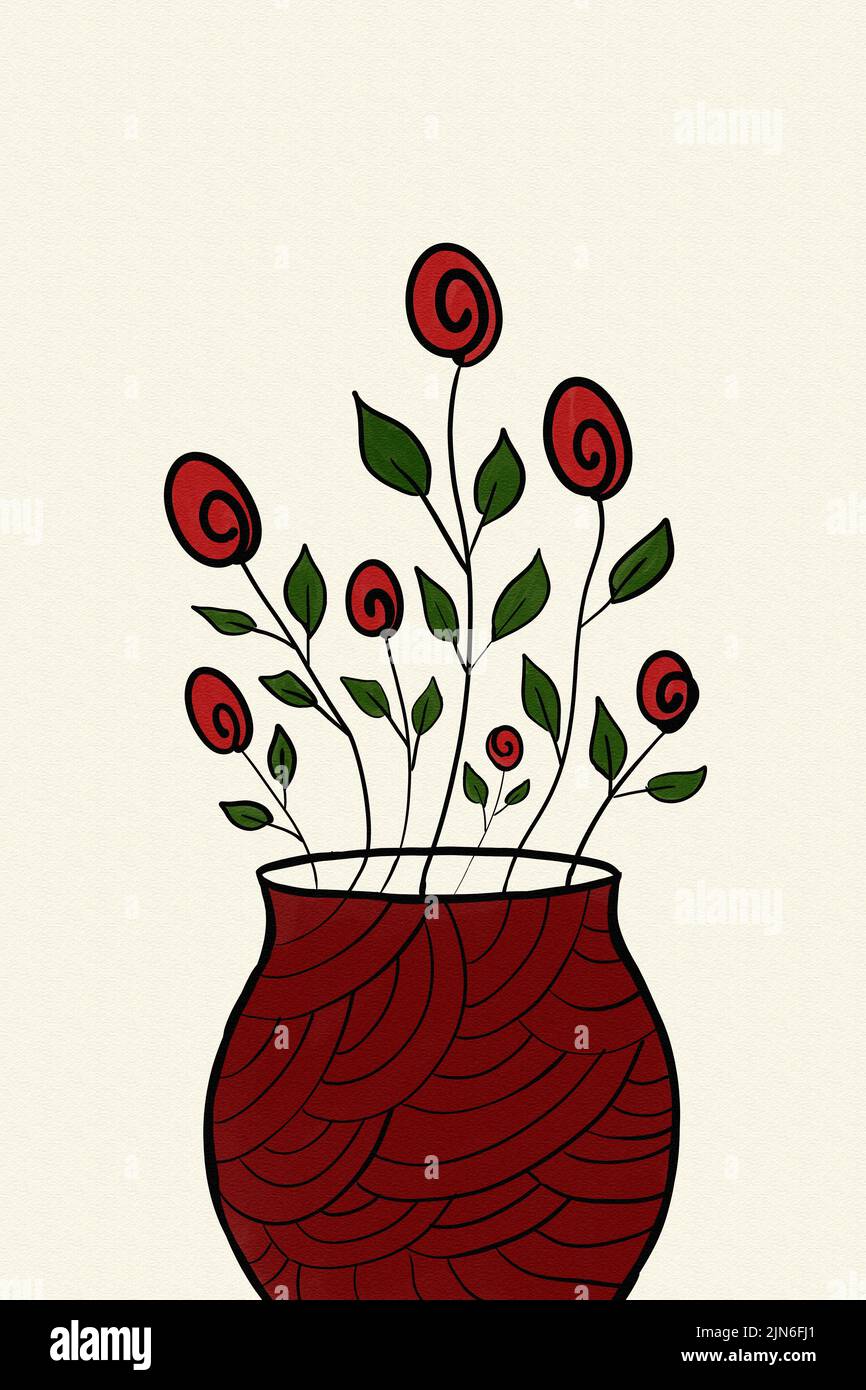 Fleurs rouges abstraites dans un vase. Affiches et imprimés peintures murales Nordic Art Print. Banque D'Images Fleurs rouges abstraites dans un vase. Affiches et imprimés peintures murales Nordic Art Print. Banque D'Images