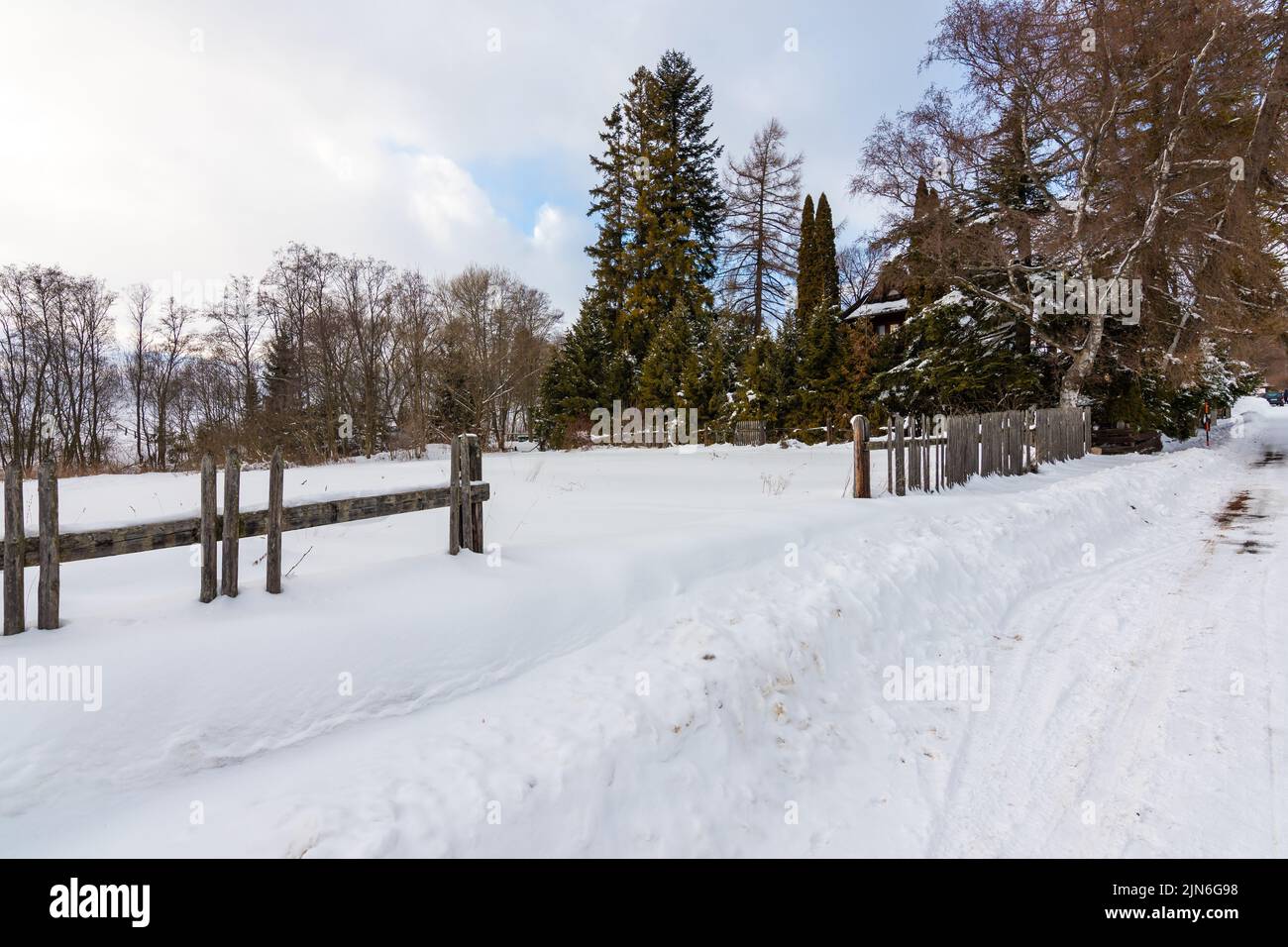 Prairie couverte de neige en hiver. Ancienne clôture en bois. Arbres à proximité. Banque D'Images