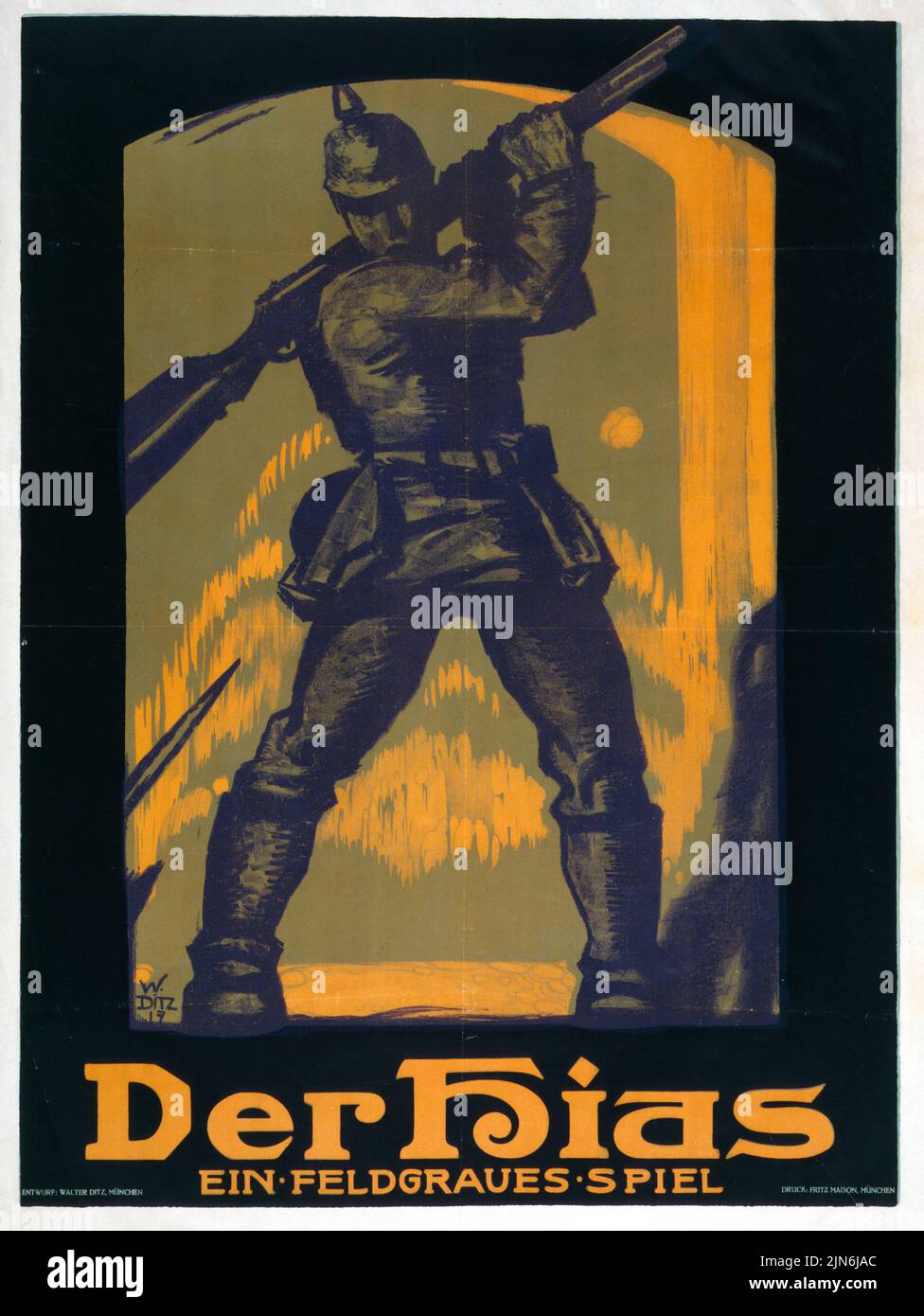 Der Hias, ein feldgraues Spiel (1917) Publicité pour une pièce populaire de Heinrich Gilardone. Affiche allemande de l'époque de la première Guerre mondiale de Walter Ditz Banque D'Images