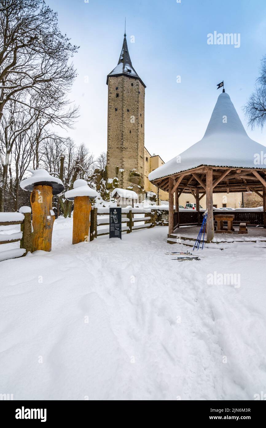 Château médiéval de Rostejn en hiver pendant les chutes de neige. Le château est situé dans une forêt profonde près de la ville de Telc. Hiver et neige, belle nature. Banque D'Images