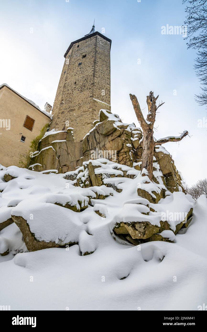 Château médiéval de Rostejn en hiver pendant les chutes de neige. Le château est situé dans une forêt profonde près de la ville de Telc. Hiver et neige, belle nature. Banque D'Images