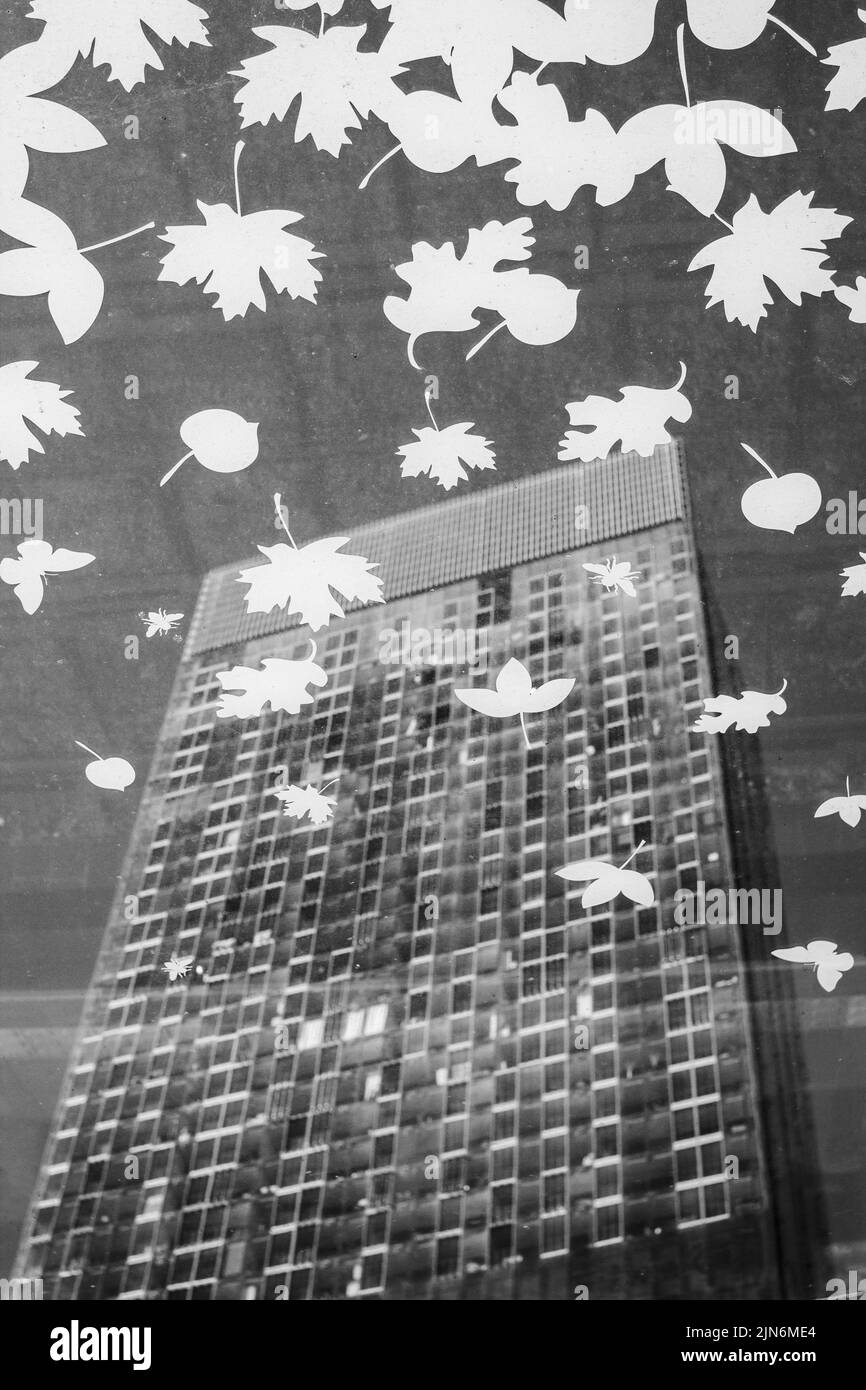 Une image en noir et blanc de la Tour Beethose, Manchester, au Royaume-Uni, derrière un verre décoré de feuilles illustrées. Banque D'Images