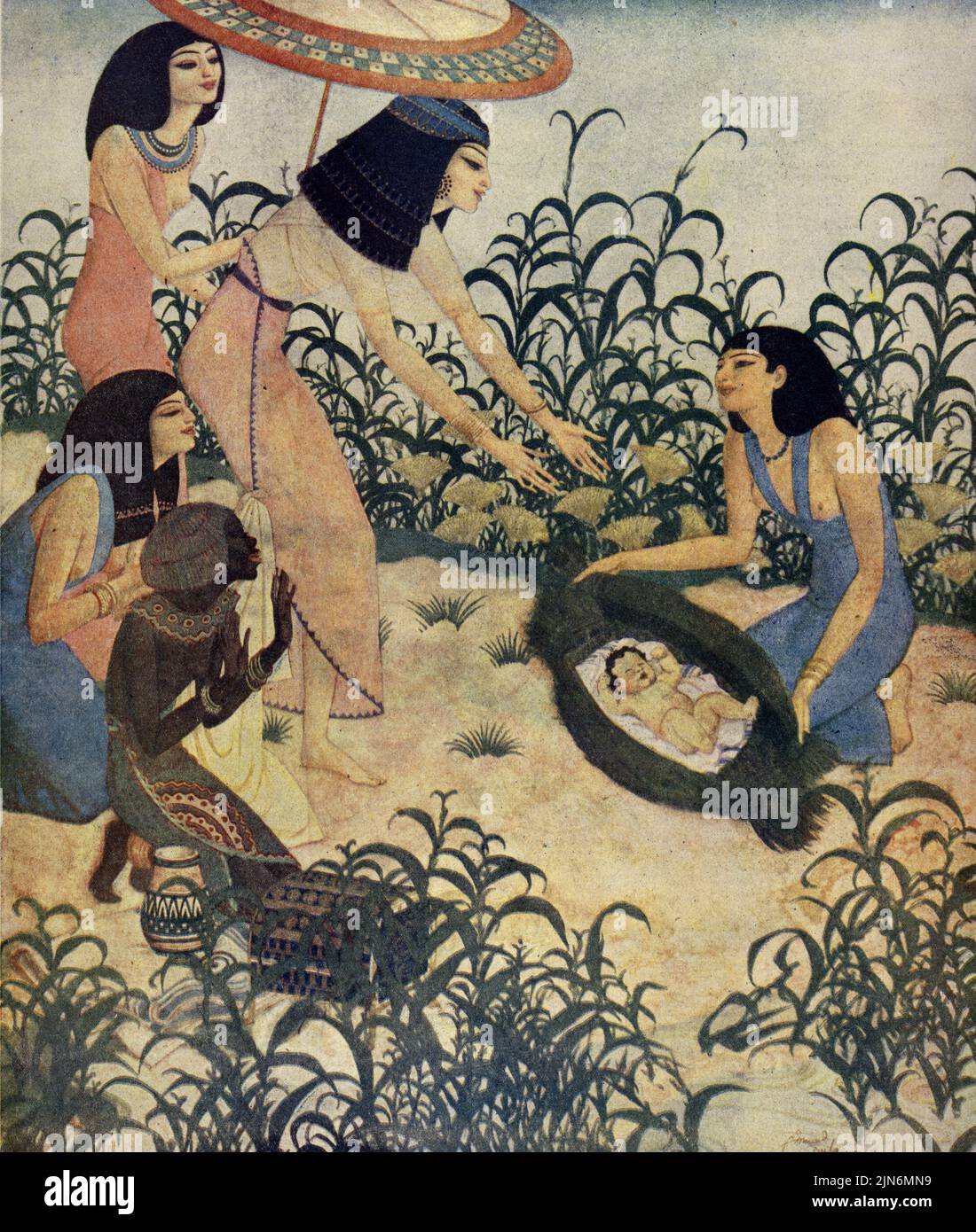 'Le Moses bébé se trouve dans les taureaux par la fille de Pharaon' sur 19 octobre, 1924 dans le magazine American Weekly Sunday peint par Edmund Dulac. Banque D'Images
