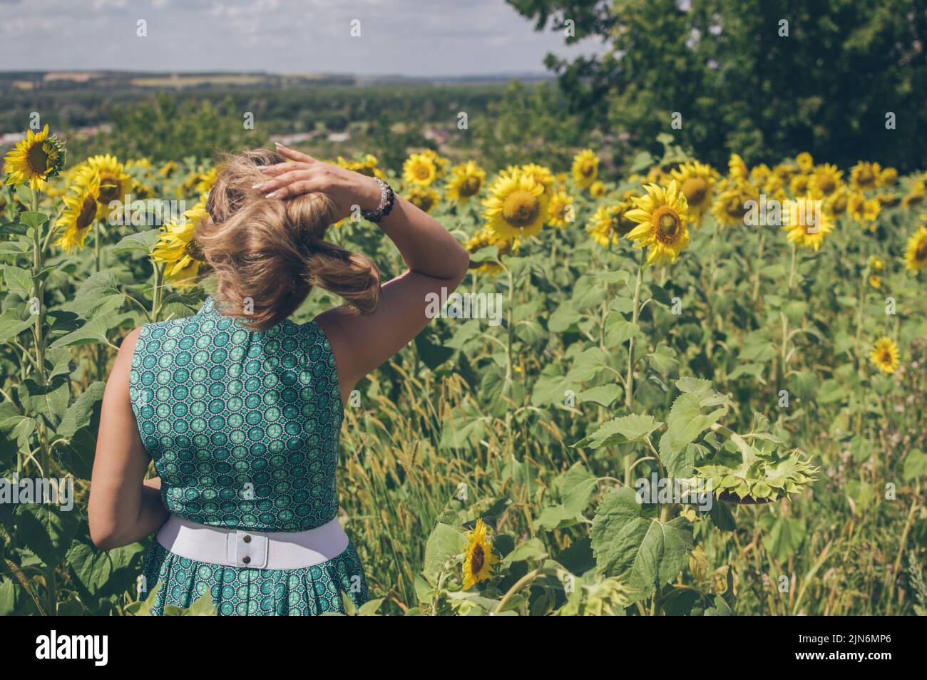 Femme laisse ses cheveux parmi les tournesols à fleurs jaunes Banque D'Images