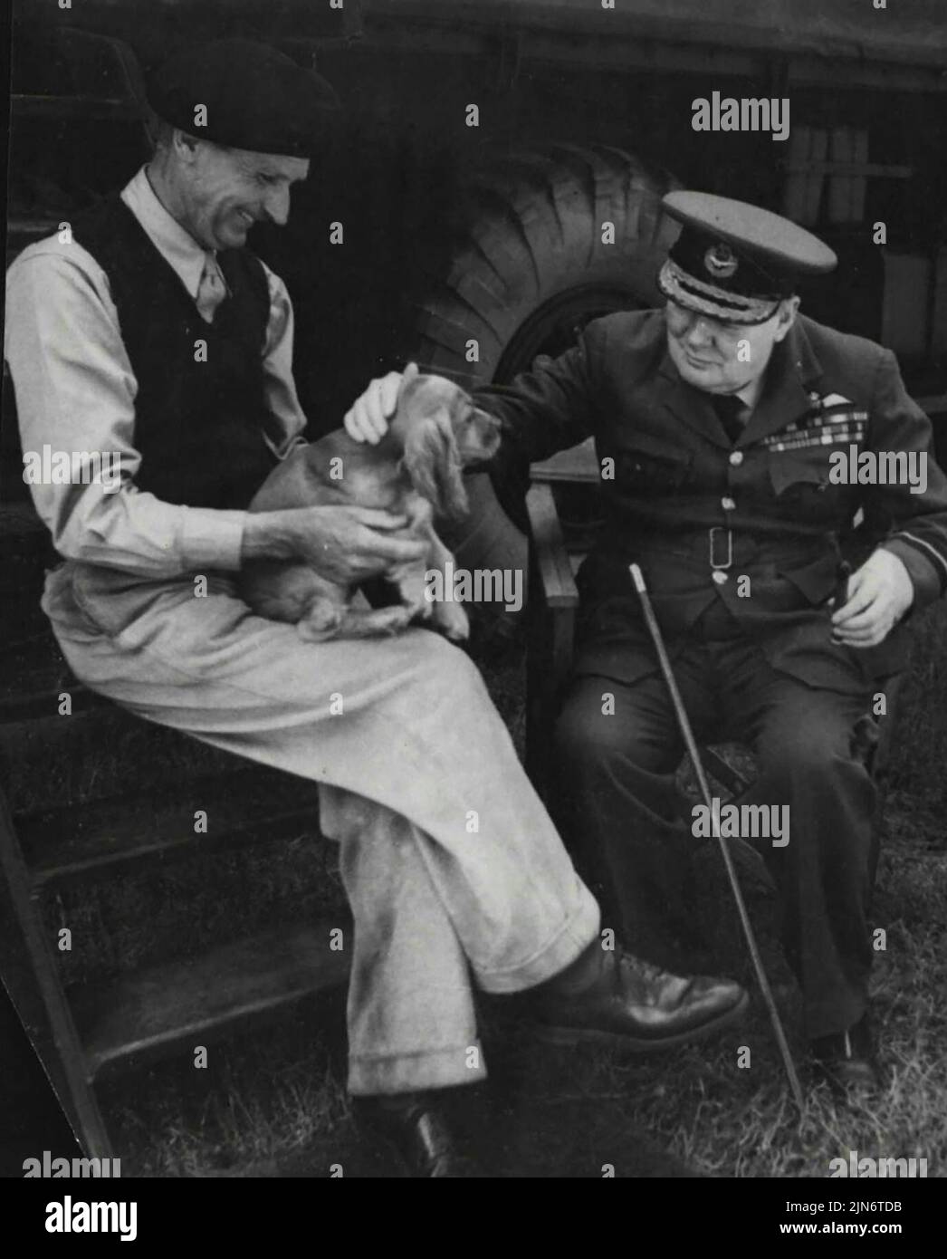 Le premier ministre en Normandie ***** : Le général Montgomery présente un de ses chiots 'Rommel' au Premier ministre. M. Winston Churchill a fait un vol ***** En Normandie pour recevoir de première main ***** De nos récentes avances du général Montgomery et du général Bradley. 07 août 1944. Banque D'Images