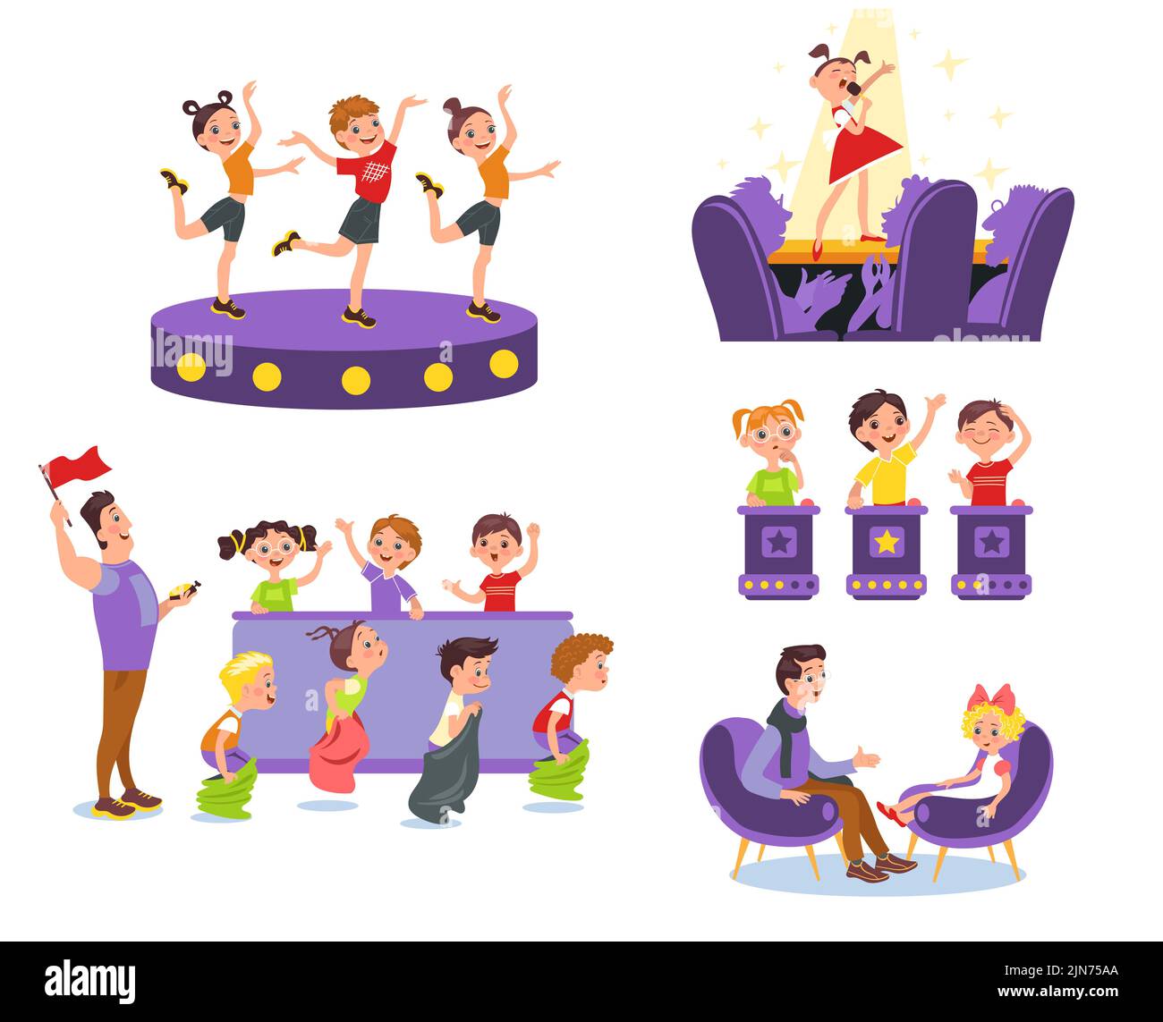 Émission de télévision pour enfants. Quiz d'interprétation et concours de talents. Programmes de médias enfantines. Concours de musique et de sport. Studio avec hôtes et jury. Télévision Illustration de Vecteur