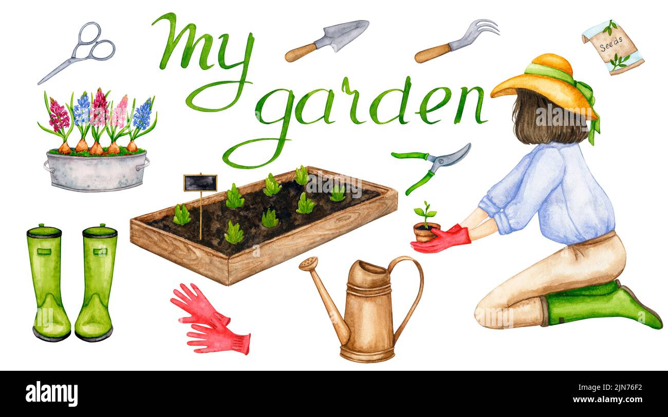 Travail dans le jardin et le verger. Un ensemble d'illustrations aquarelles avec une femme plantant des semis et l'inscription mon jardin. Dessin à la main. Banque D'Images