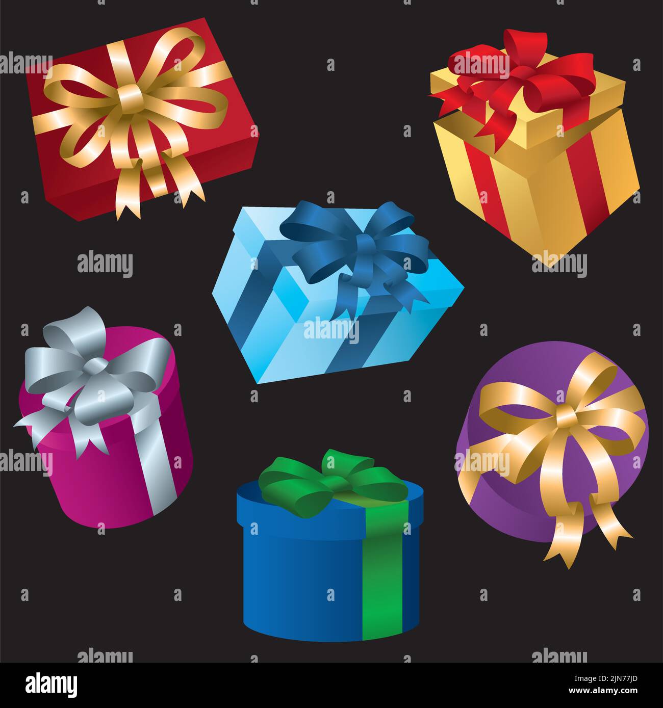 Illustration vectorielle d'un ensemble de boîtes-cadeaux enveloppées avec des boucles et des rubans colorés. Illustration de Vecteur