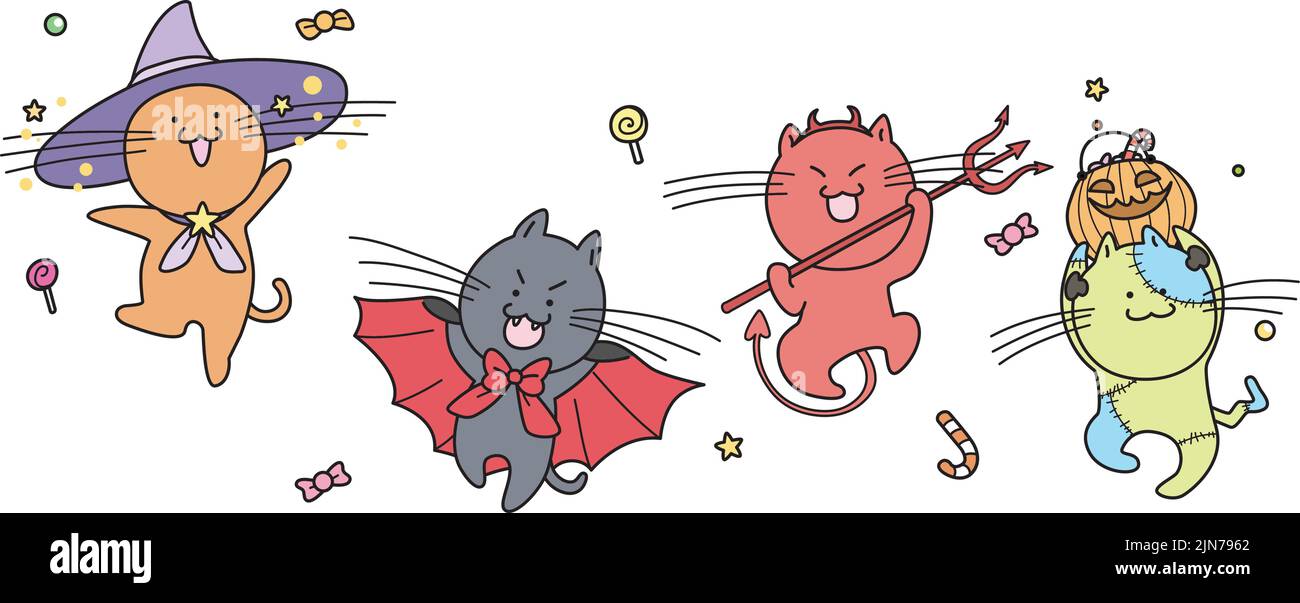 Ensemble de chats d'halloween mignons vecteurs sautant chats vêtus avec Halloween cpstume.chat avec chapeau de sorcière, chat avec costume de vampire et costume de diable. Illustration de Vecteur