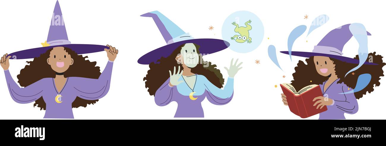 Sorcière avec des vêtements violets dans trois poses différentes, tenant son chapeau, faisant la magie avec une grenouille et un livre de sort. Halloween sorcière vecteur Illustration de Vecteur Sorcière avec des vêtements violets dans trois poses différentes, tenant son chapeau, faisant la magie avec une grenouille et un livre de sort. Halloween sorcière vecteur Illustration de Vecteur