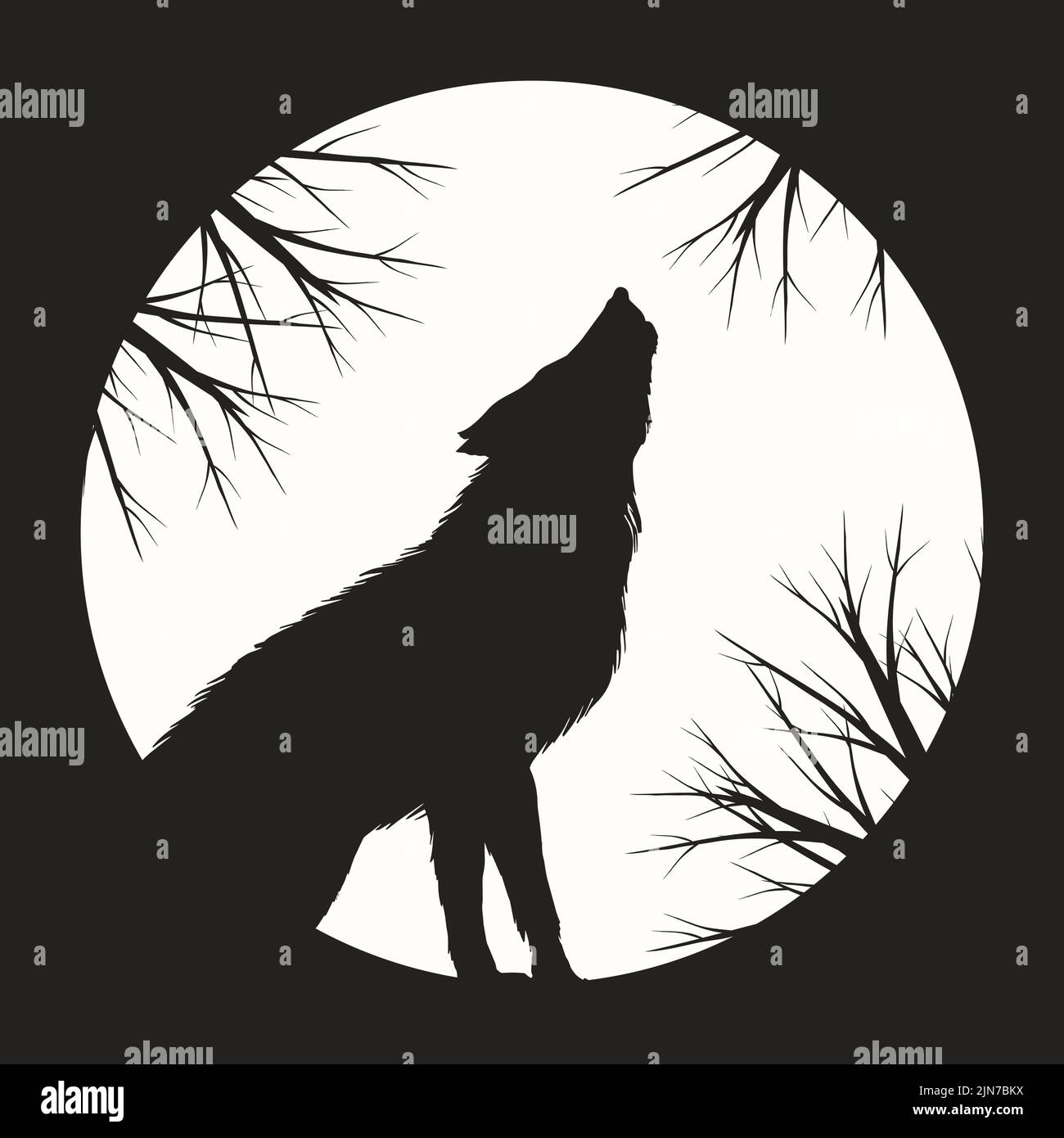 Le loup hurlant sur la lune. Silhouette d'animal dans la nuit. Arrière-plan de Halloween. Illustration de Vecteur