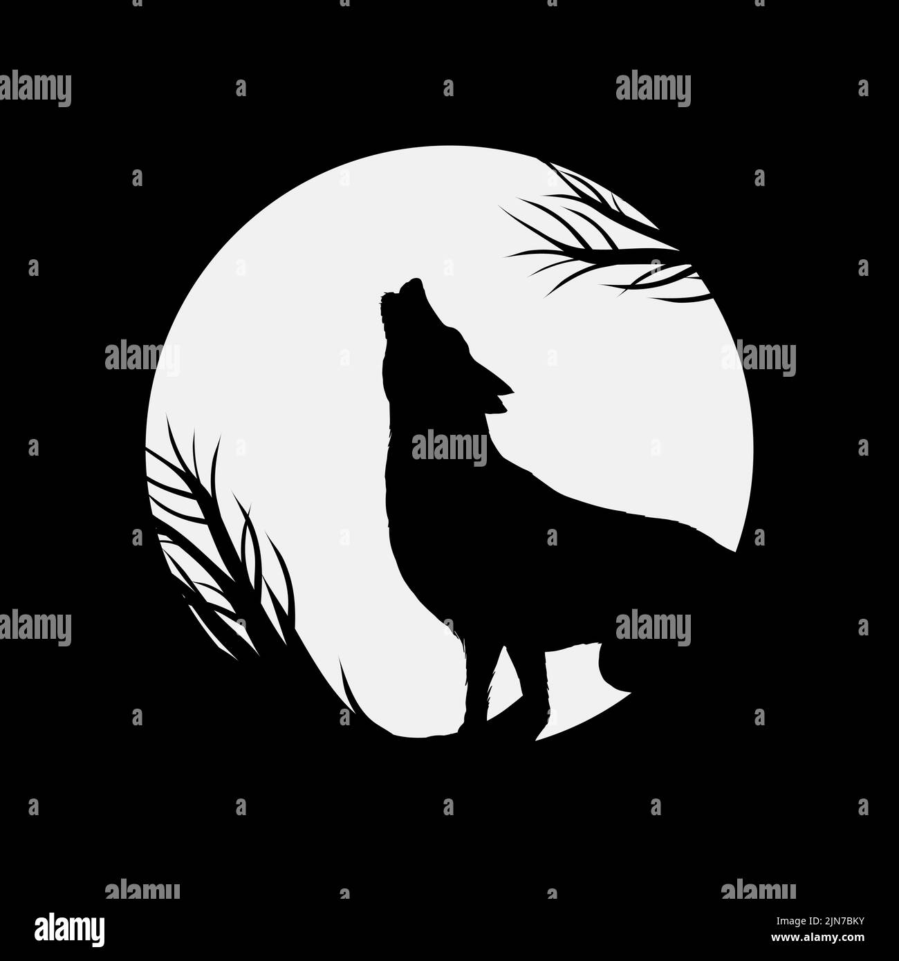 Le loup hurlant sur la lune. Silhouette d'animal dans la nuit. Arrière-plan de Halloween. Illustration de Vecteur