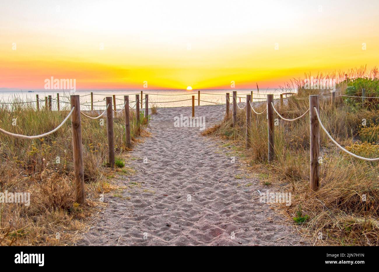 Lever du soleil à Pals, plage de sable et pelouse sauvage des dunes à Pals, Catalogne, Espagne Banque D'Images