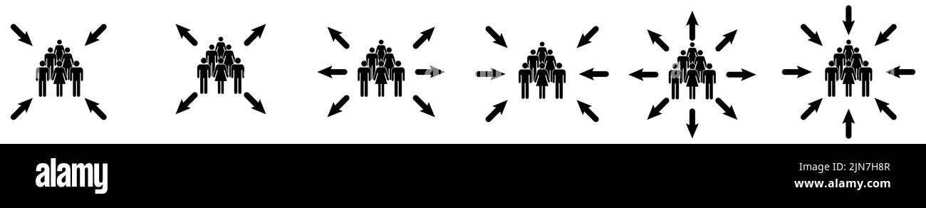 Flèches pointant vers l'icône Groupe de personnes. Concept de l'importance de l'équipe ou de la sélection. Version avec points vers l'extérieur et vers l'intérieur Illustration de Vecteur