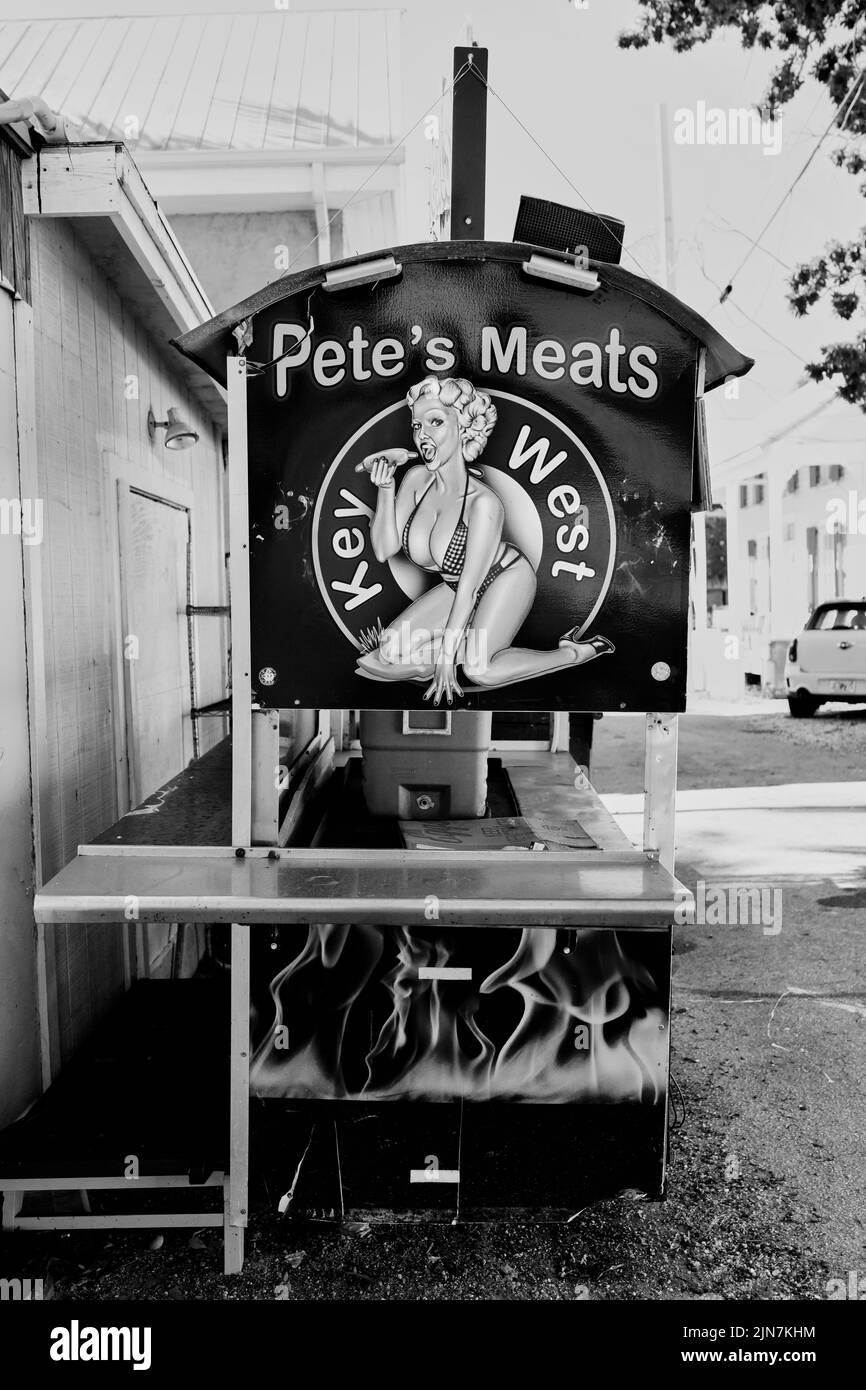 Chariot alimentaire Pete's Meats garé dans une allée à Key West, Floride, États-Unis Banque D'Images