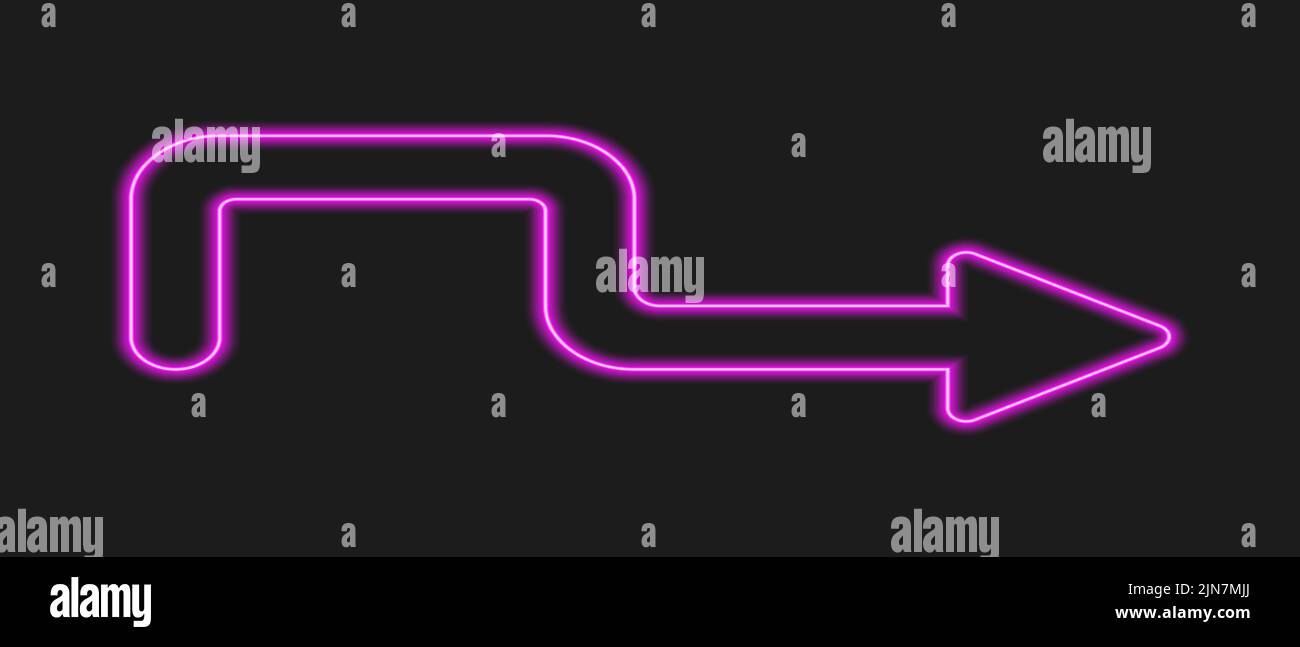 Flèche néon suivante sur fond sombre. Panneau de direction violet lumineux sur le motel, le cinéma, le casino, le panneau d'affichage du bar de nuit. Illustration vectorielle réaliste. Illustration de Vecteur