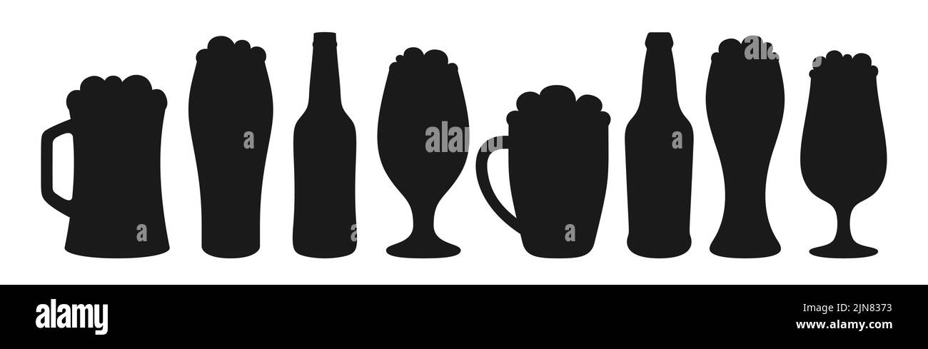 Bouteille de bière ou verre, mugs silhouette ensemble. Différents types de bière sombre, blé, bière, cidre, bière. Brasserie bar, festival de l'alcool. Design pour l'affiche de l'Oktoberfest, menu de pub, soirée sur invitation rétro Illustration de Vecteur