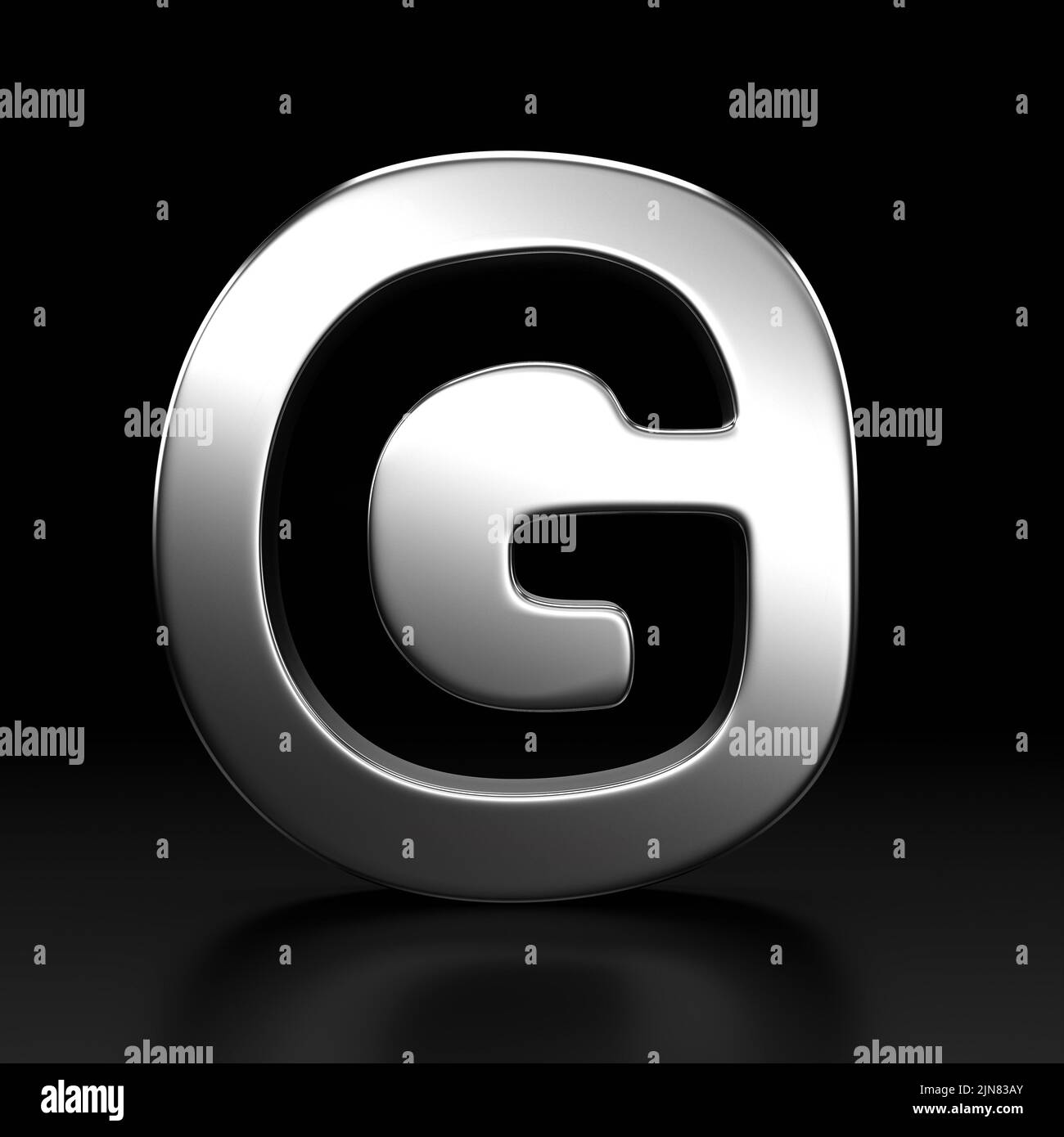 Alphabet métallique de la lettre G. typographie police argent. Motif alphabet volumétrique. Alphabet du spectacle de nuit. 3D rendu isolé sur fond noir. Banque D'Images