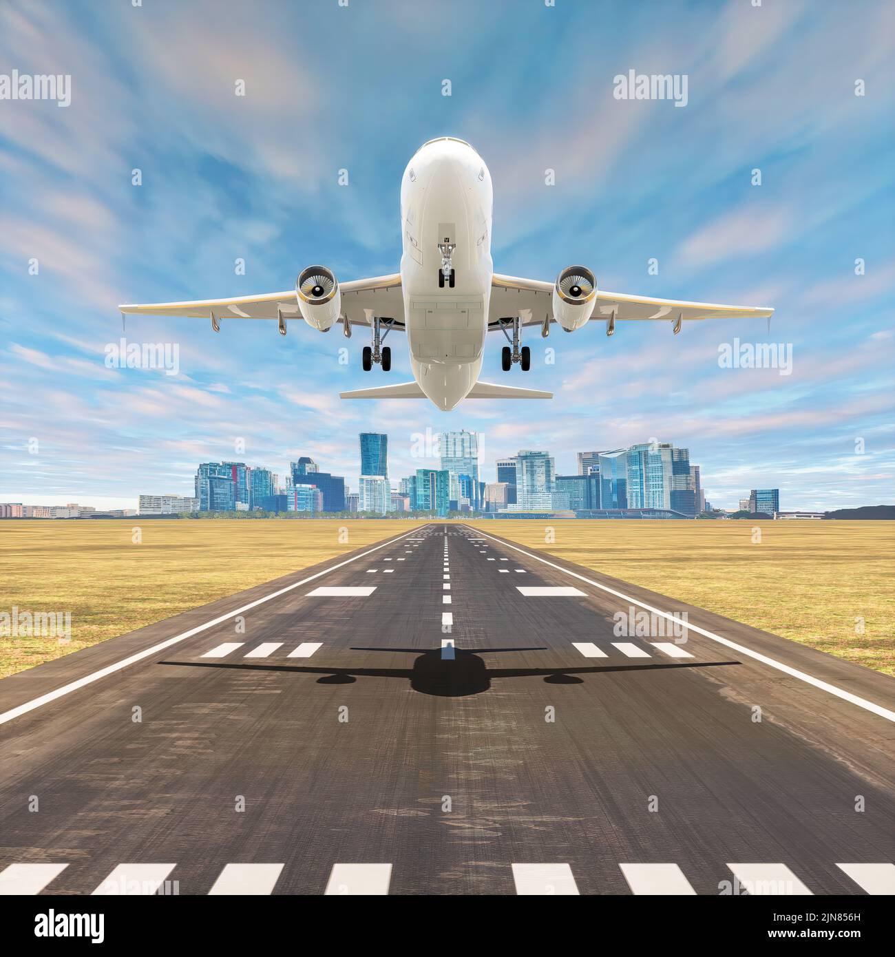 Décollage d'un avion commercial sur la piste de l'aéroport avec la ville en arrière-plan et un beau ciel de l'après-midi, illustration de 3D. Banque D'Images