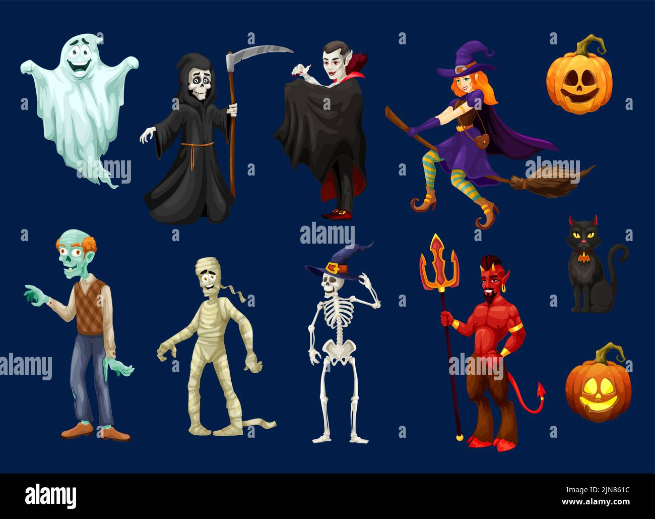 Personnages effrayants de la bande dessinée pour Halloween. Vecteur fantôme, sinistre couche, sorcière sur balai ou vampire et jack-o-lanterne. Citrouille avec zombie, momie et squelette dans un chapeau avec diable ou démon ensemble isolé Illustration de Vecteur