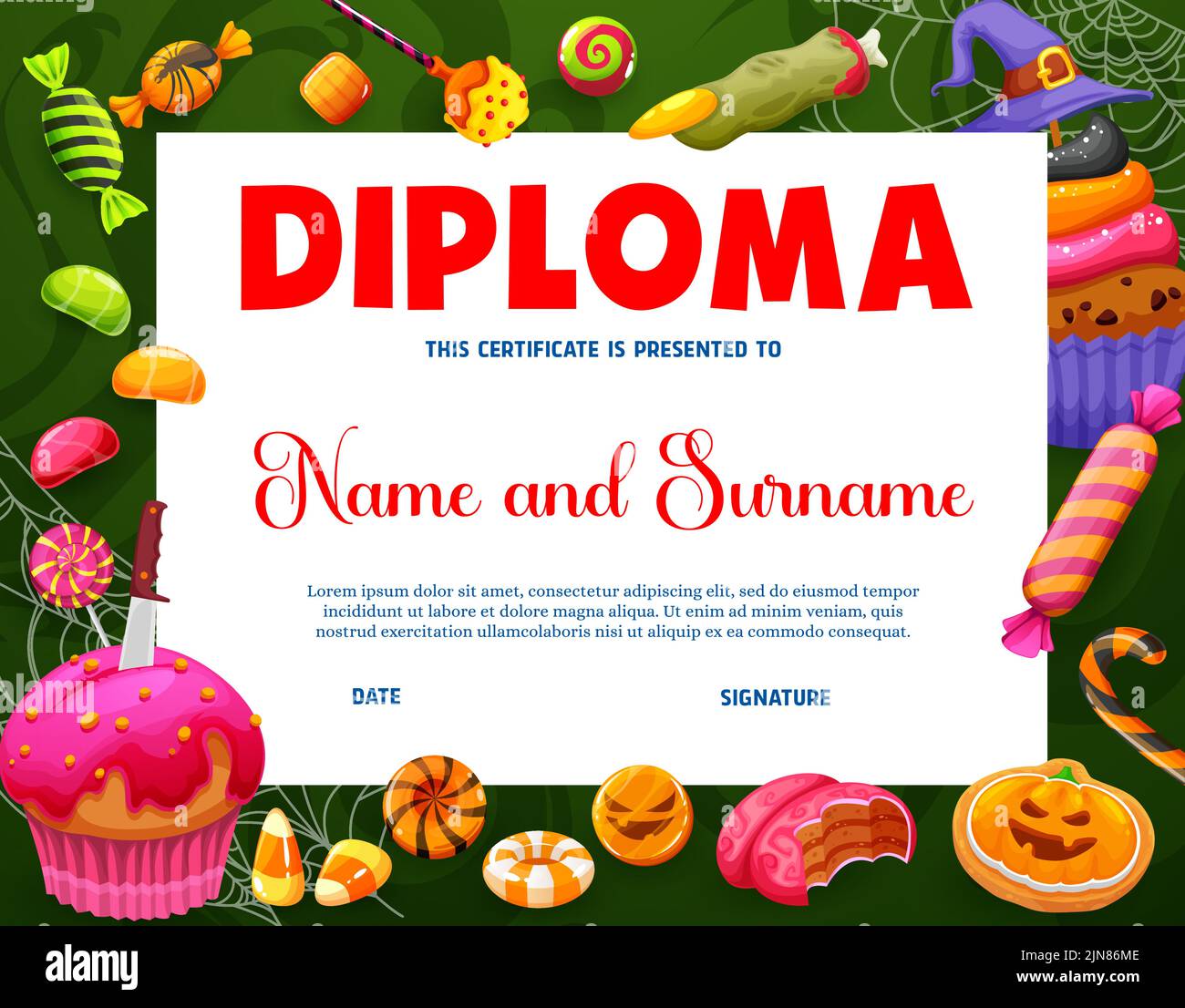 Diplôme d'Halloween pour enfants, friandises de vacances, bonbons et toile de fond. Certificat de vecteur ou récompense d'appréciation avec tour de bande dessinée ou traiter les sucettes, les gâteaux, les doigts de sorcière, diplôme horizontal Illustration de Vecteur