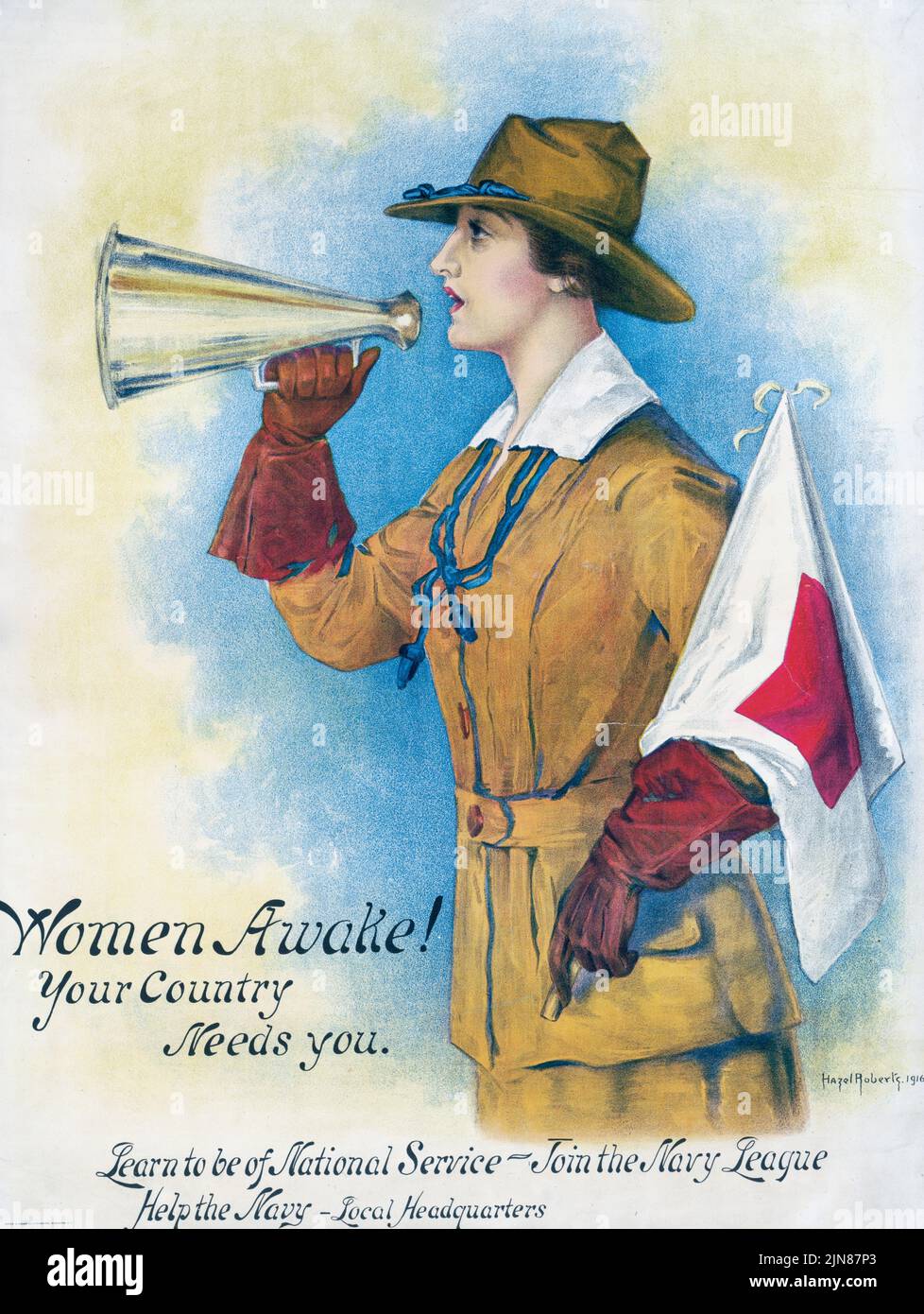 Les femmes éveillées ! Votre pays a besoin de vous, apprenez à être de service national, joignez-vous à la Ligue navale (1916) affiche de l'ère américaine de la première Guerre mondiale par Hazel Roberts Banque D'Images