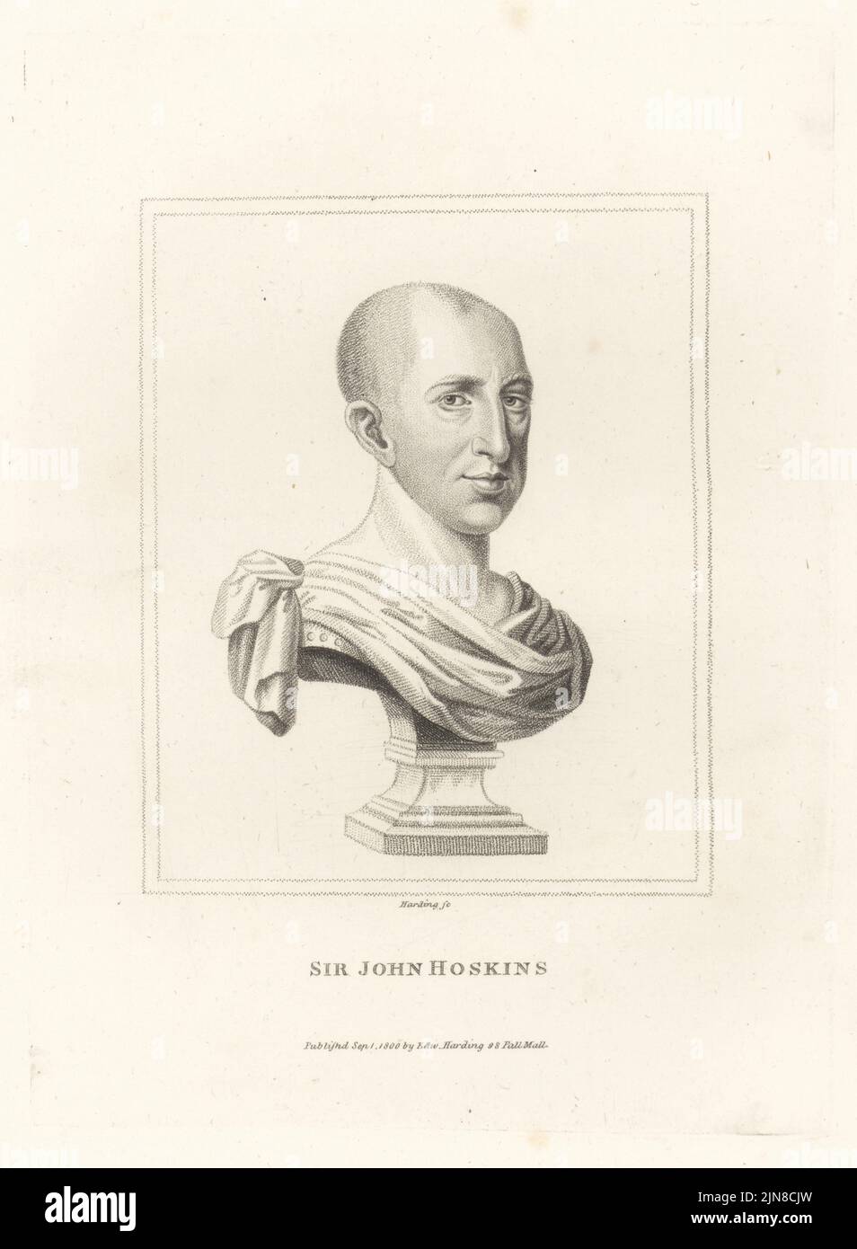 Sir John Hoskins, 2nd ans Baronet, avocat anglais, maître de chancellerie et fondateur et président de la Société royale, 1634-1705. D'un buste par sculpteur inconnu. Gravure sur plaque de coperplate par Edward Harding du Cabinet britannique de John Adolphus, contenant des portraits de personnalités illustres, imprimée par T. Bensley pour E. Harding, 98 Pall Mall, Londres, 1800. Banque D'Images