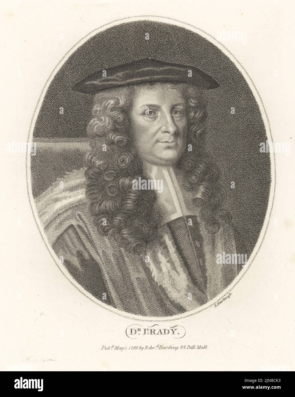 Le Dr Robert Brady, médecin et historien anglais, a fait ses études au Caius College de l'Université de Cambridge, 1627-1700. Médecin ordinaire au roi James II En perruques et en casquette de velours et robes de cérémonie universitaires. Dr Brady. Gravure sur plaque de coperplate par Edward Harding du Cabinet britannique de John Adolphus, contenant des portraits de personnalités illustres, imprimée par T. Bensley pour E. Harding, 98 Pall Mall, Londres, 1799. Banque D'Images