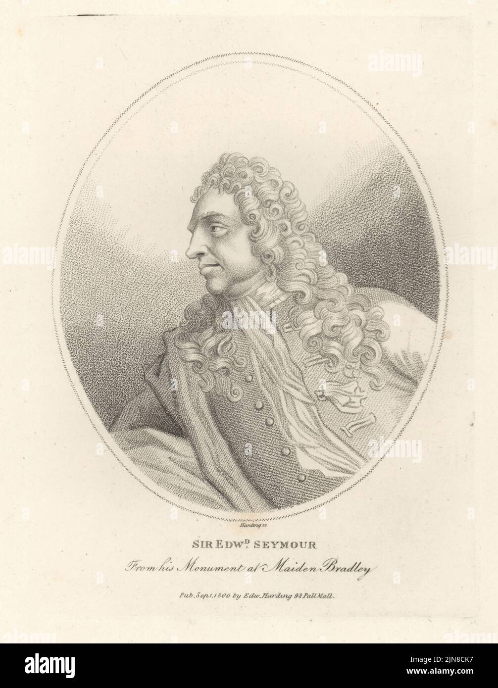 Sir Edward Seymour, 4th Baronet, homme politique et président de la Chambre des communes, 1633-1708. Perruque, cravat, pelage et tosa. De sa tombe monument par Michael Rysbrack dans l'église All Saints, Maiden Bradley. Gravure sur plaque de coperplate par Edward Harding du Cabinet britannique de John Adolphus, contenant des portraits de personnalités illustres, imprimée par T. Bensley pour E. Harding, 98 Pall Mall, Londres, 1800. Banque D'Images