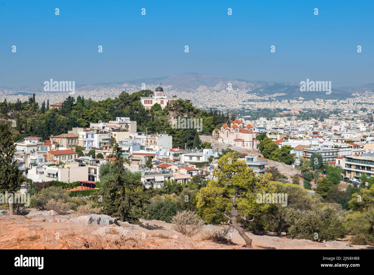 Magnifique paysage urbain d'Athènes depuis la colline d'Areopagus, Grèce. Banque D'Images