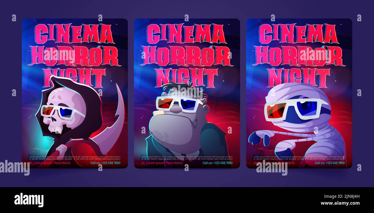 Films d'horreur de nuit caricatures flyers avec monstres drôles sinistre reaper avec scythe, zombie et momie porter 3D lunettes. Invitation à un festival de cinéma avec des personnages effrayants d'halloween, illustration vectorielle Illustration de Vecteur