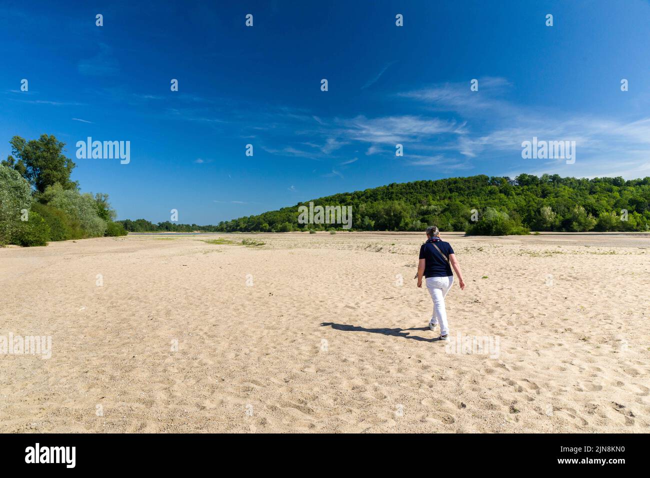 Vue sur la rive au confluent de l'Allier et de la Loire au bec d'Allier, Cuffy, France sur 9 août 2022. Avec une vague de chaleur précoce en juin et un mois exceptionnellement chaud et sec de mai, le lit de la Loire a atteint un niveau plus bas que d'habitude, à tel point que la rivière peut être traversée à pied dans certains endroits. Les deux tiers du pays sont en situation de crise en raison de la sécheresse. Quatre récentes vagues de chaleur ont déclenché des semaines de feux de forêt et ont réduit la puissante Loire à un ruisseau dans certains étirements. La semaine dernière, le gouvernement a déclaré que 100 endroits étaient dépourvus d'eau du robinet. Photo de Pascal Avenet/ABACAPRES Banque D'Images