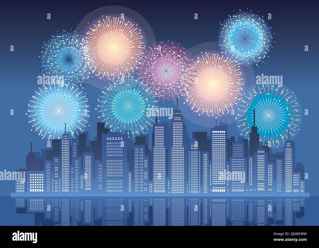 Paysage urbain au bord de l'eau la nuit avec gratte-ciel et feux d'artifice Celebration, illustration vectorielle. Illustration de Vecteur