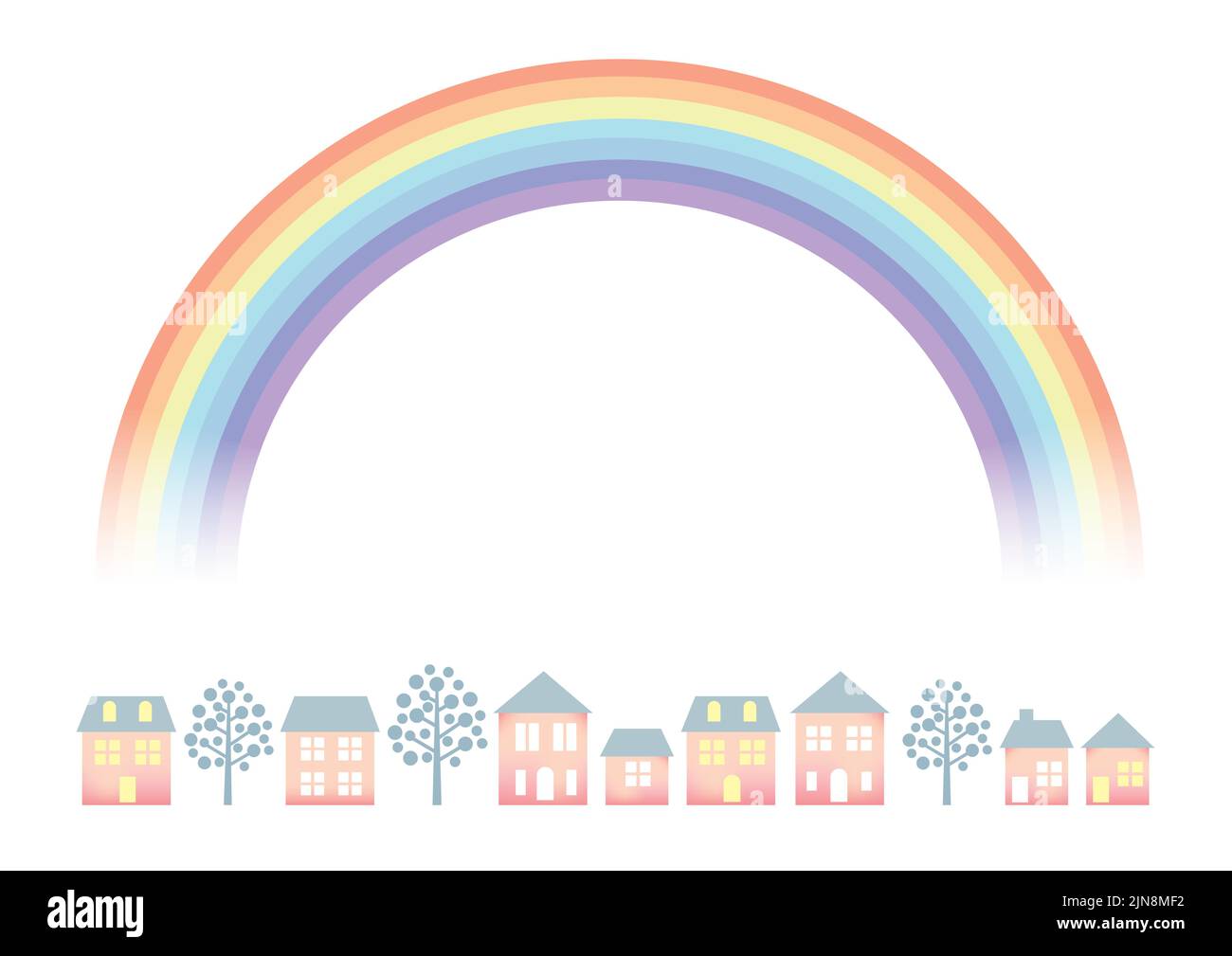 Paysage de ville de couleur pastel avec Un arc-en-ciel isolé sur Un fond blanc. Illustration vectorielle. Illustration de Vecteur