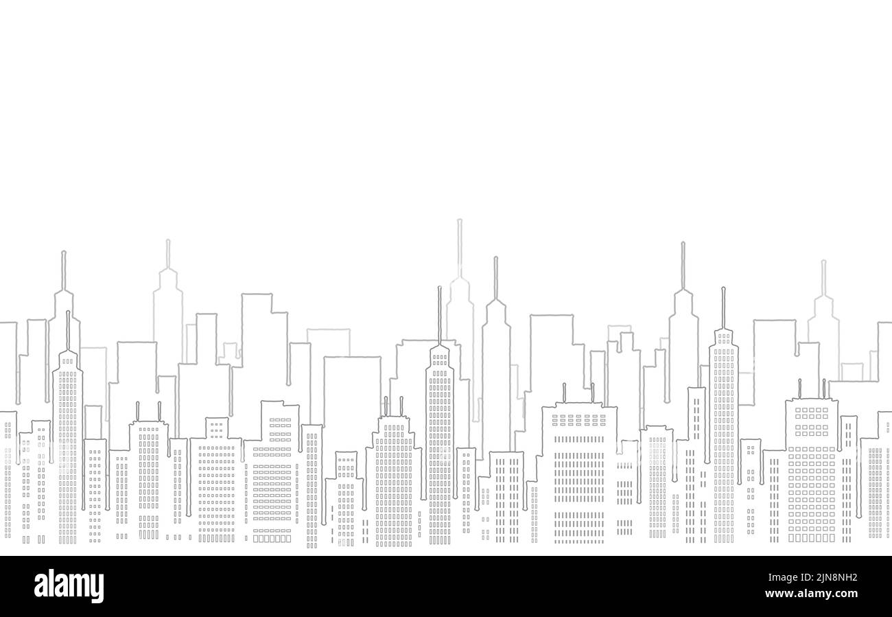 Dessin à plat CityScape sans couture avec gratte-ciel, illustration vectorielle. Répétable horizontalement. Illustration de Vecteur
