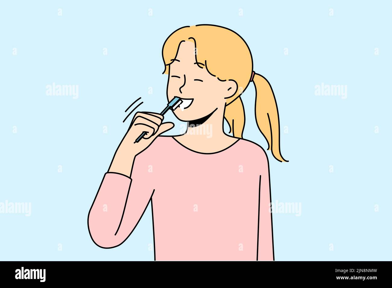 Une fille souriante se brossant les dents s'occupe de l'hygiène bucco-dentaire. Happy Child matin routine quotidienne nettoyer les dents. Soins de santé et garde d'enfants. Illustration vectorielle. Illustration de Vecteur