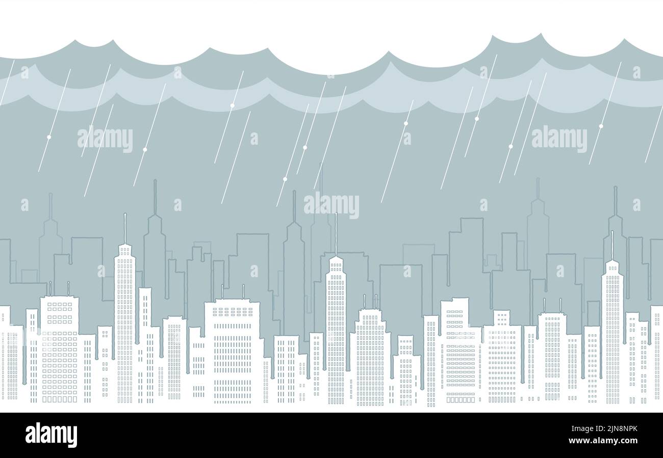Paysage urbain sans couture dans le dessin à plat de pluie avec gratte-ciel, illustration vectorielle. Répétable horizontalement. Illustration de Vecteur