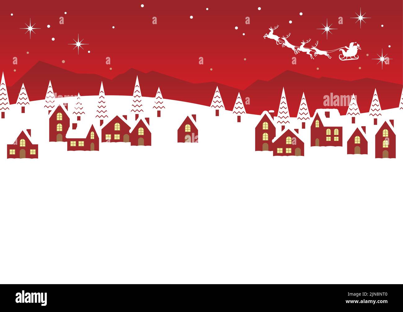 Illustration vectorielle de paysage urbain d'hiver sans couture avec le Père Noël et les rennes friture dans le ciel. Répétable horizontalement. Illustration de Vecteur