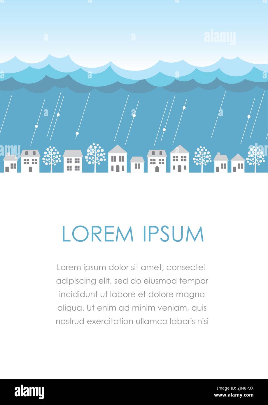 Paysage urbain dans l'illustration du vecteur de pluie avec espace de texte. Illustration de Vecteur