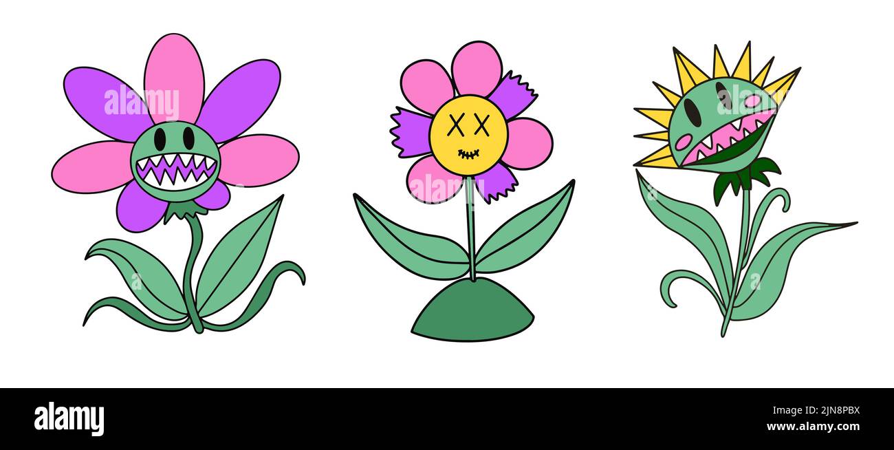 Ensemble de fleurs et de plantes prédateurs. Puissance de la fleur de monstre. Illustration vectorielle. Illustration de Vecteur