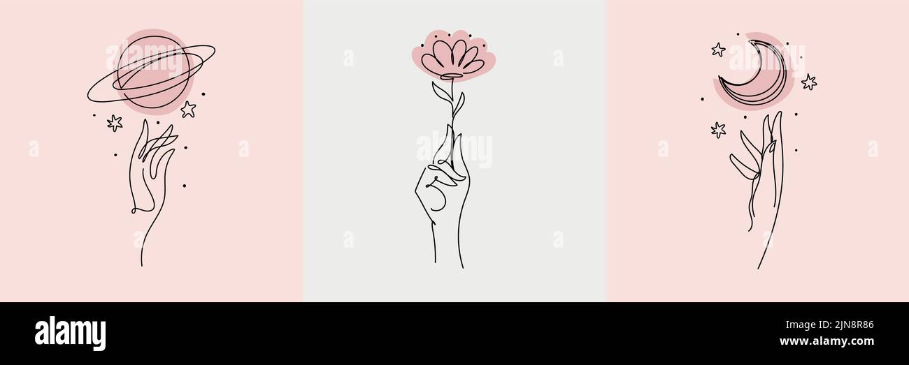 Ensemble de femmes icônes pour salon de beauté, main avec la planète, lune, fleur. Art continu de la main et du coeur, symbole esthétique, logo, tatouage. Vecteur il Illustration de Vecteur
