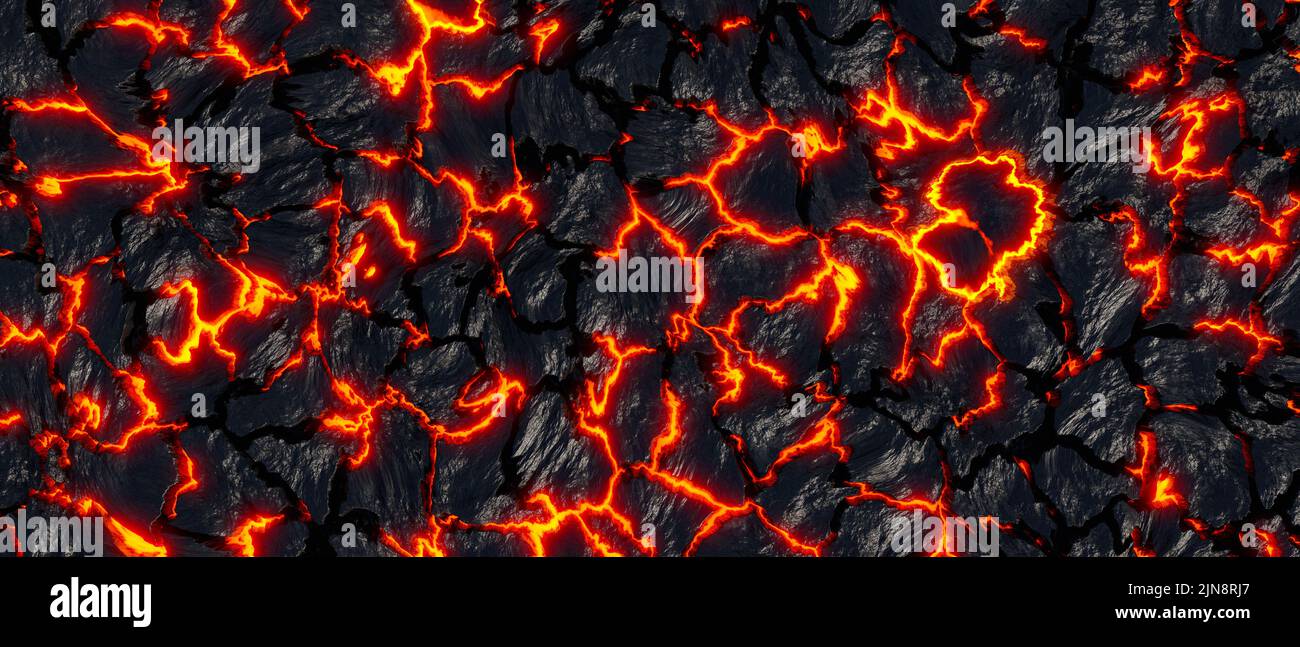 Flamme de lave réaliste sur fond de cendres noires. Texture de la surface du magma fondu Banque D'Images