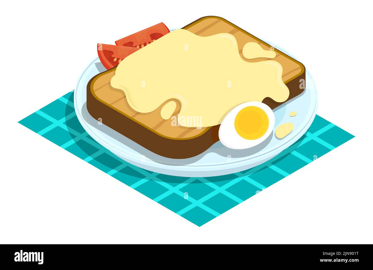 Tranche de pain isométrique avec fromage fondu, beurre et tomates sur l'assiette. Petit déjeuner savoureux. Vecteur isolé sur fond blanc Illustration de Vecteur