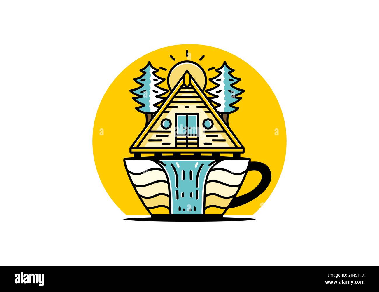 Emblème d'illustration représentant une cabine en bois et des pins sur la forme d'une tasse à café avec chute d'eau Illustration de Vecteur