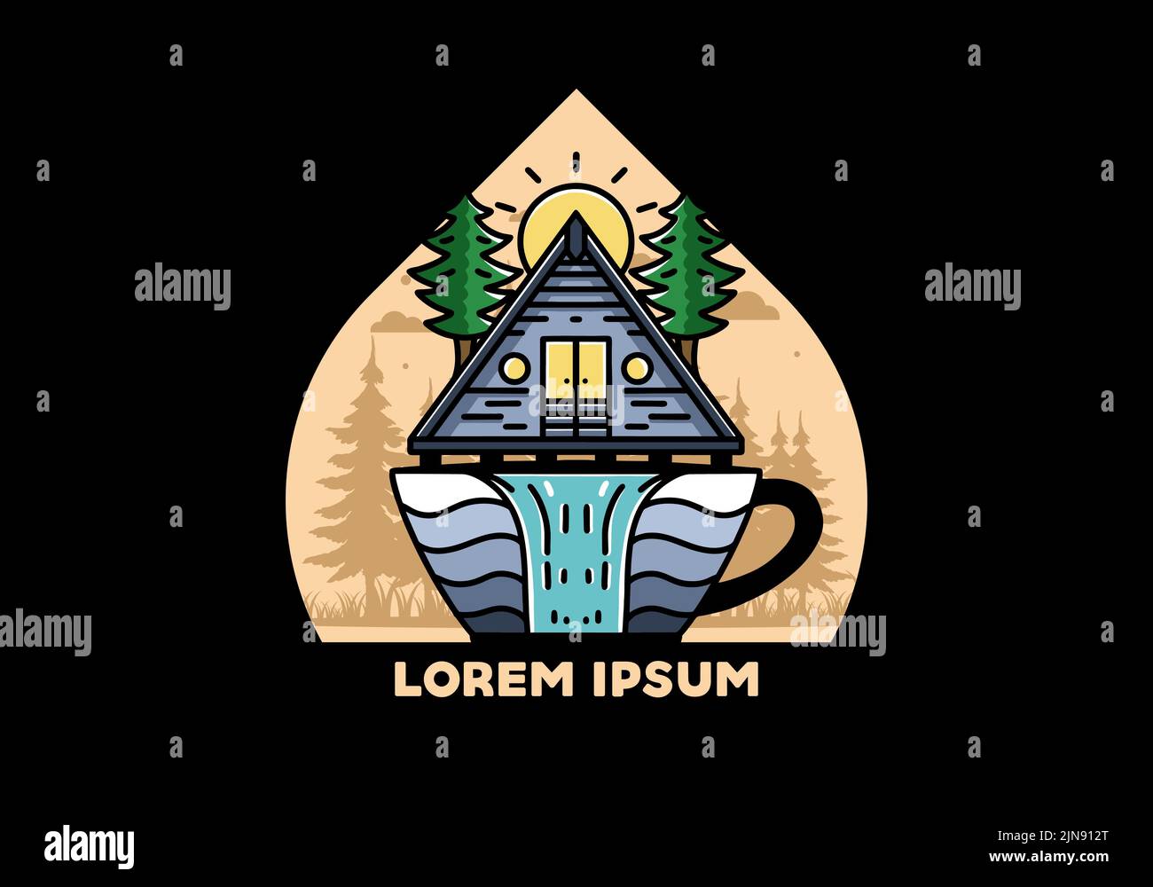 Emblème d'illustration représentant une cabine en bois et des pins sur la forme d'une tasse à café avec chute d'eau Illustration de Vecteur
