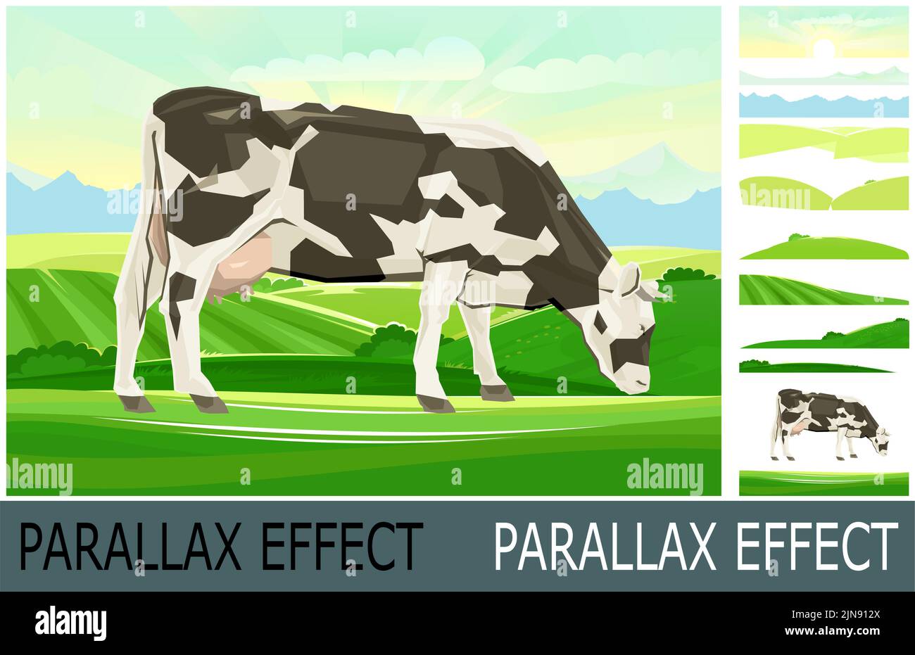 La vache broutage dans le paysage de pâturage. Race noire et blanche. Herbe de prairie. Image des calques pour une superposition avec effet de parallaxe. Vue sur la campagne rustique. Po Illustration de Vecteur La vache broutage dans le paysage de pâturage. Race noire et blanche. Herbe de prairie. Image des calques pour une superposition avec effet de parallaxe. Vue sur la campagne rustique. Po Illustration de Vecteur