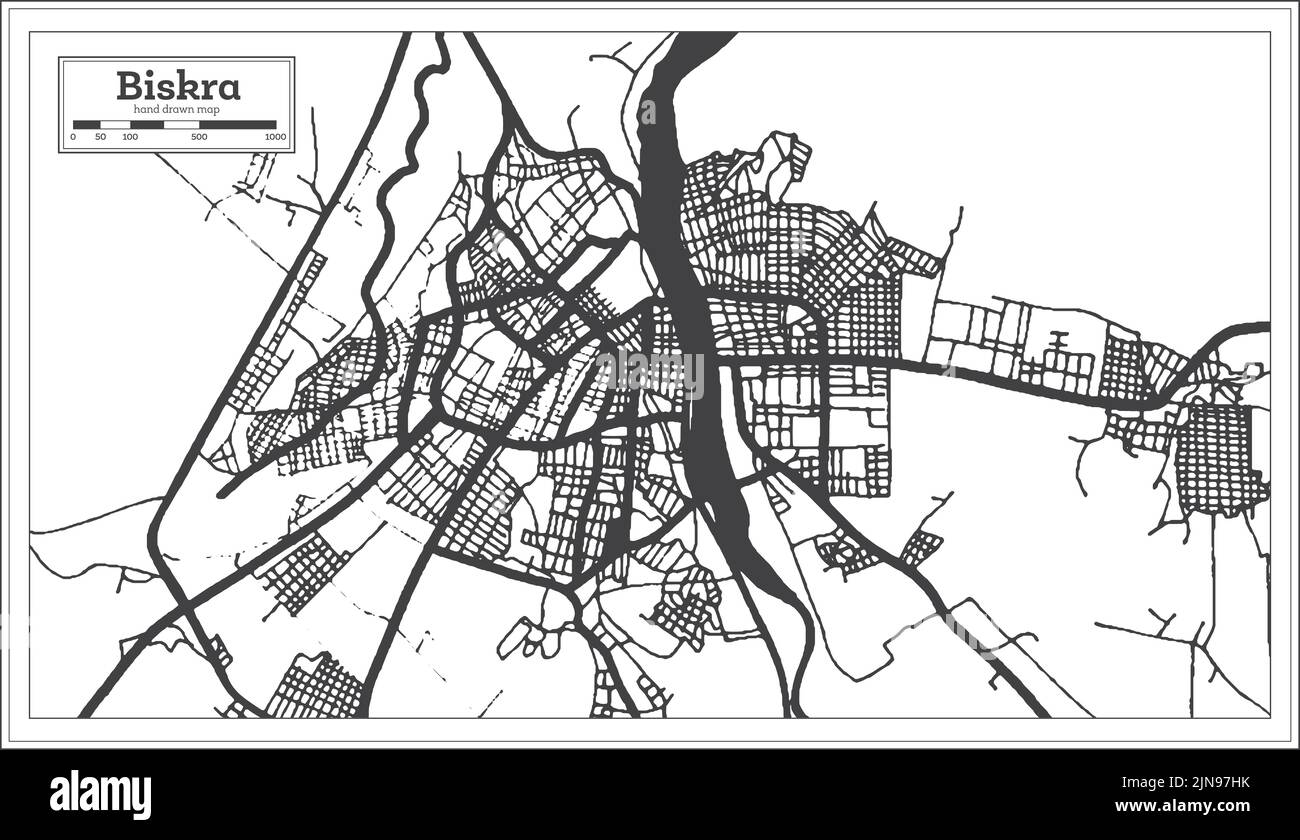 Biskra Algérie carte de la ville en style rétro en noir et blanc. Carte