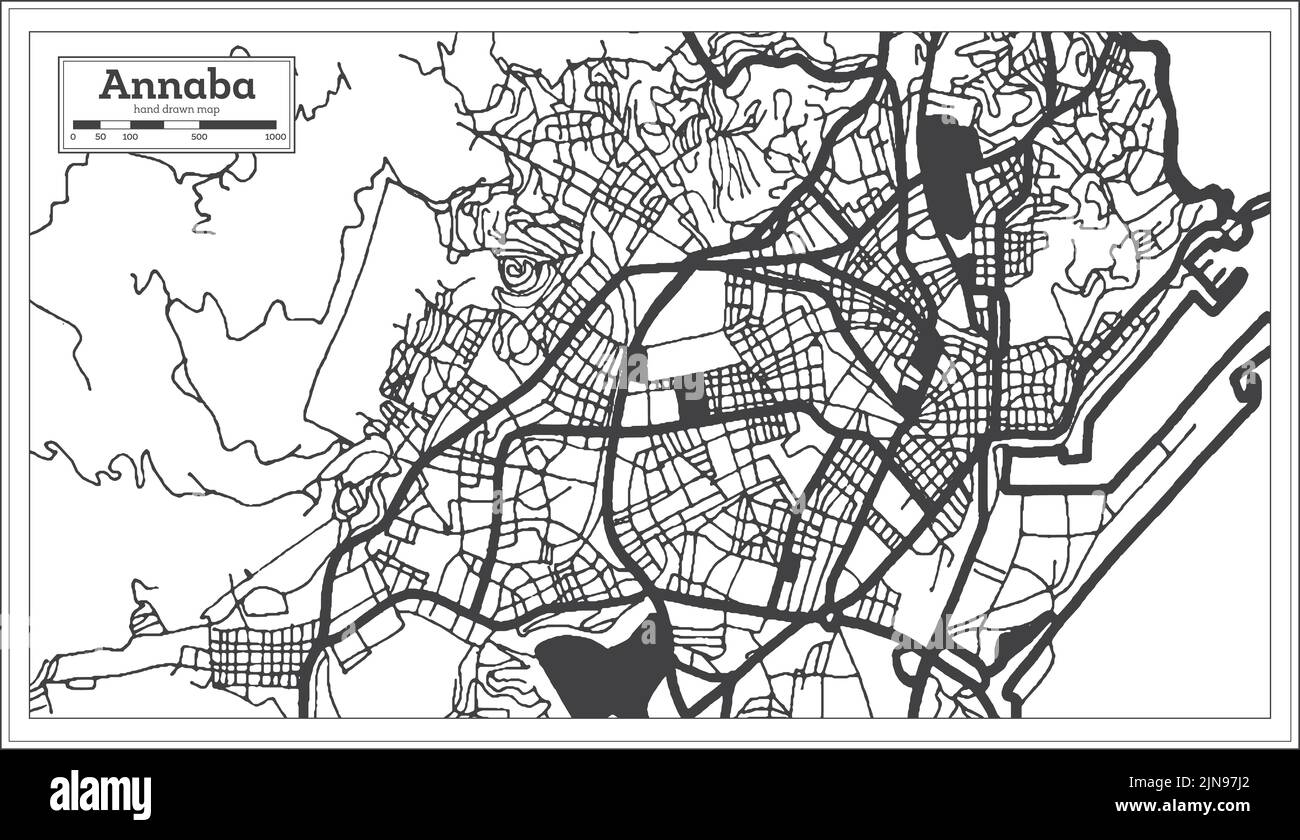 Annaba Algérie carte de la ville en style rétro en noir et blanc. Carte de contour. Illustration vectorielle. Illustration de Vecteur
